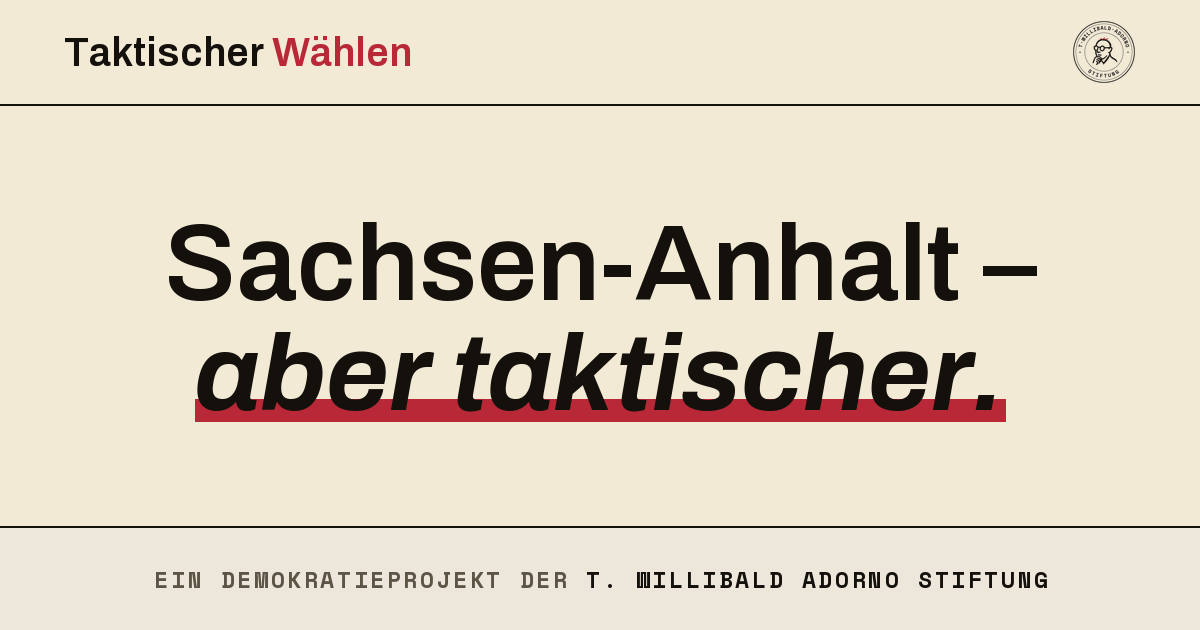 Titelbild der Kampagne: »Taktischer Wählen«, darunter in großen Lettern »Sachsen-Anhalt – aber taktischer.«, rot unterstrichen. Fußzeile: Ein Demokratieprojekt der T. Willibald Adorno Stiftung.